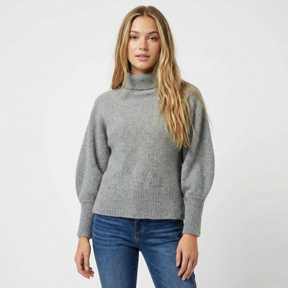 Halogen Gray Merino Wool Alpaca Sweater Medium Puff Sleeve Turtleneck Knit